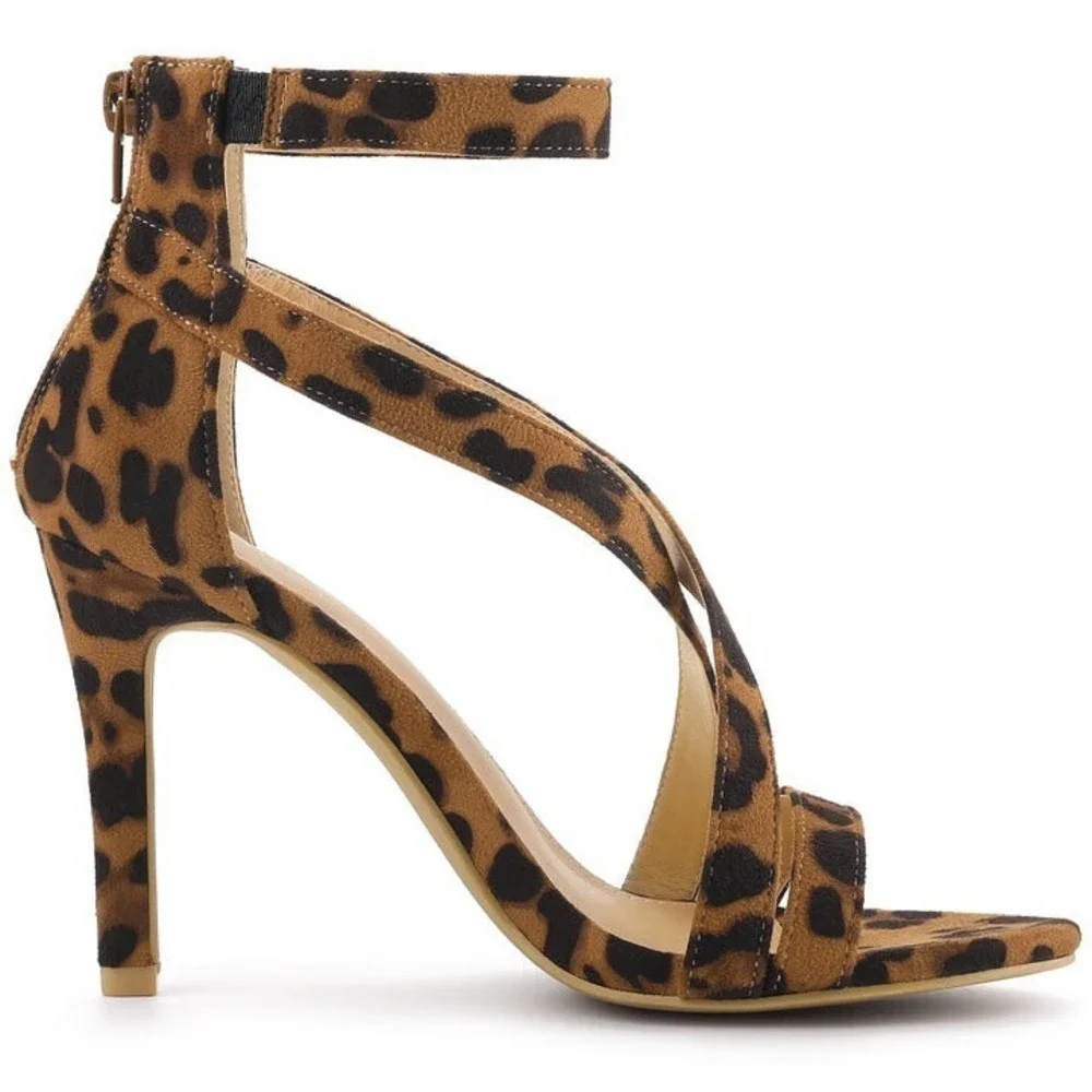 Leopard Print Strappy Stiletto Heels Ankle Strap Sandal Brown Black Size 10